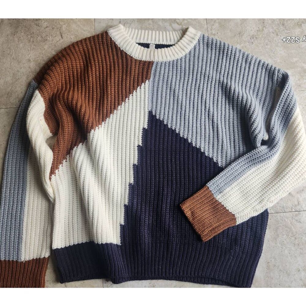 S6 Wishlist pullover crewneck sweater brown blue navy & white knit